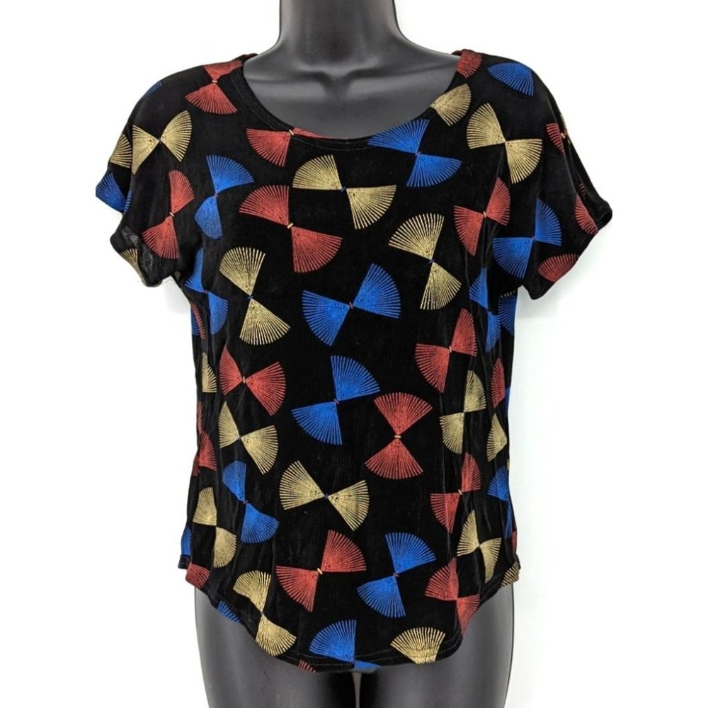 True vintage Short sleeve black red & gold top shimmer sz small JAIPUR